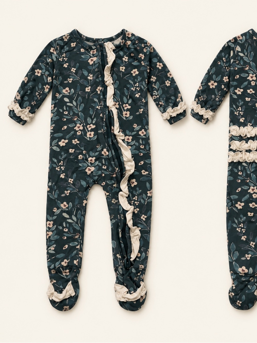Made by Molly Floral Ruffle Footed One-Piece - Dark Teal floral